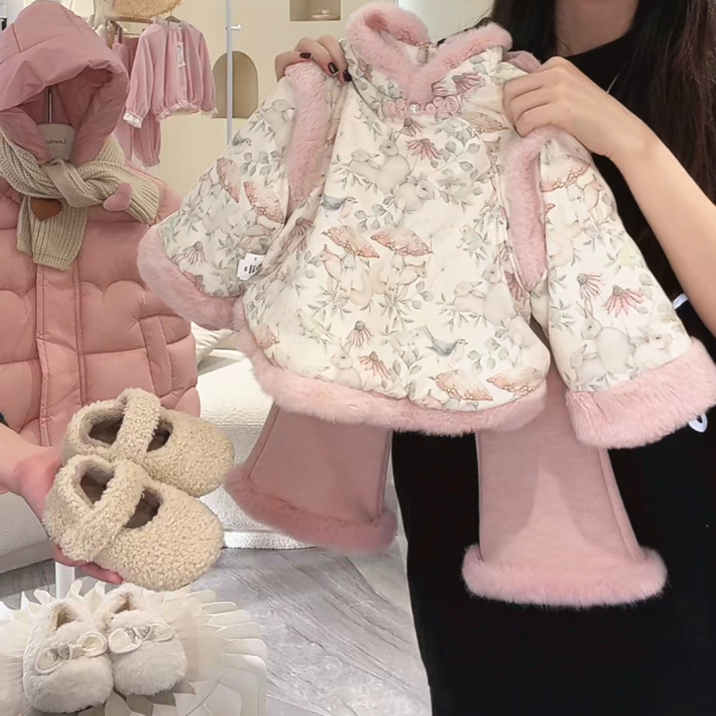 Set de iarnă pentru fetițe, două piese, stil coreean, căptușit cu fleece, satin poliester 95%, imprimeu desene animate