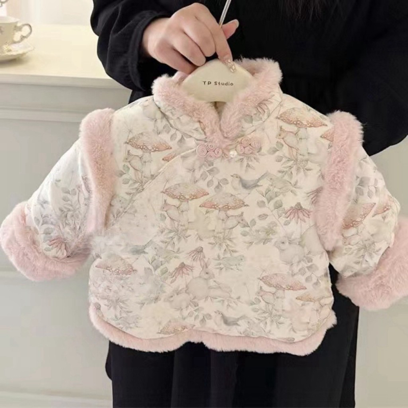 Set de iarnă pentru fetițe, două piese, stil coreean, căptușit cu fleece, satin poliester 95%, imprimeu desene animate