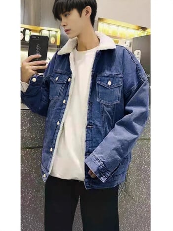 Pánske denimové sako s golierom, jednoradové zapínanie, hrubý denim, podšívka 70% bavlna, 30% polyester, 3D vrecká, dlhé rukávy, bez kapucne, zimný voľný strih