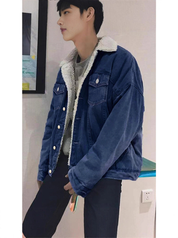 Pánske denimové sako s golierom, jednoradové zapínanie, hrubý denim, podšívka 70% bavlna, 30% polyester, 3D vrecká, dlhé rukávy, bez kapucne, zimný voľný strih