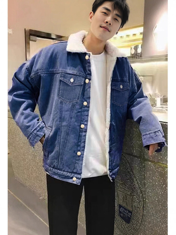 Pánske denimové sako s golierom, jednoradové zapínanie, hrubý denim, podšívka 70% bavlna, 30% polyester, 3D vrecká, dlhé rukávy, bez kapucne, zimný voľný strih