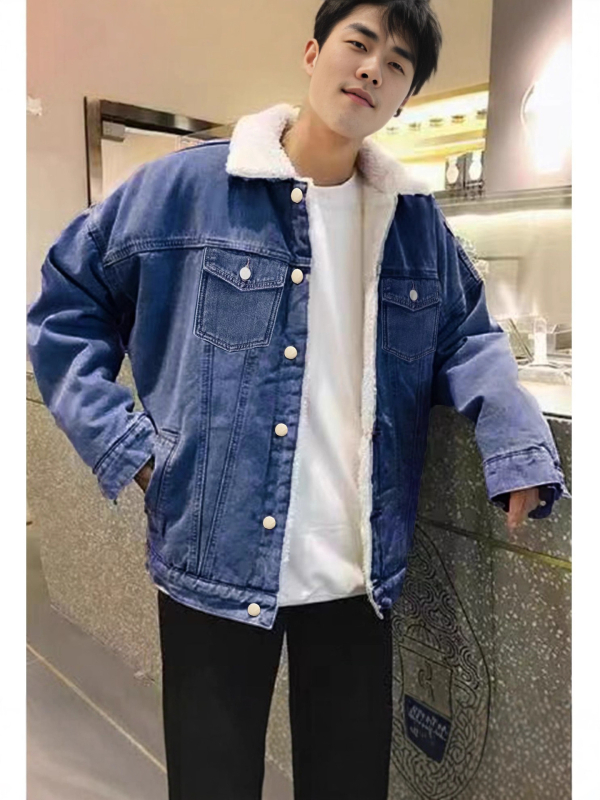 Pánske denimové sako s golierom, jednoradové zapínanie, hrubý denim, podšívka 70% bavlna, 30% polyester, 3D vrecká, dlhé rukávy, bez kapucne, zimný voľný strih