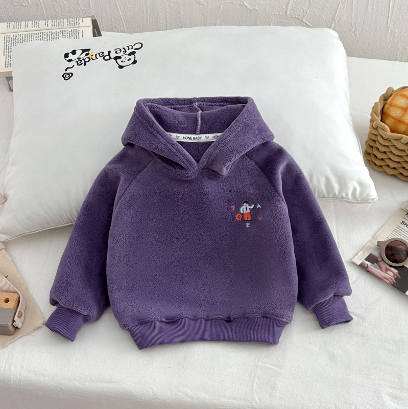 Hanorac pentru copii din fleece, cu glugă, căptușit dublu cu fleece, model desene animate, închidere tip pulover