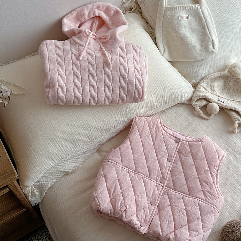 Set pentru fetițe: pulover cu glugă și vestă, iarna 2025, stil coreean, format din două piese