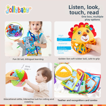 Jollybaby Kūdikio dovanos rinkinys ankstyvajai raidai: audinio knygelė ir barškučiai 0–6 mėnesiams
