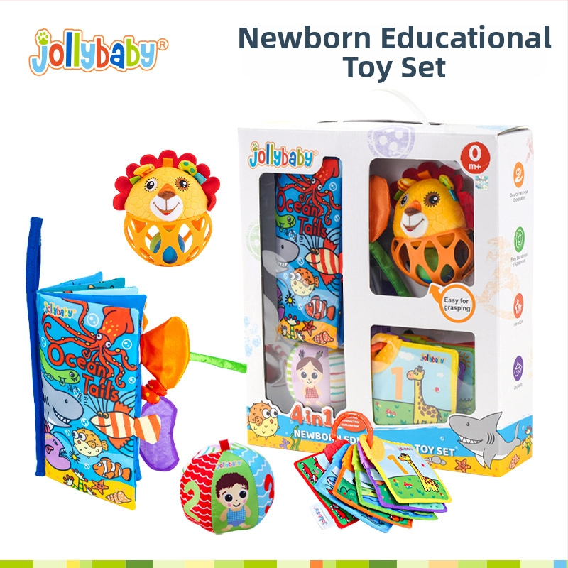 Jollybaby Kūdikio dovanos rinkinys ankstyvajai raidai: audinio knygelė ir barškučiai 0–6 mėnesiams