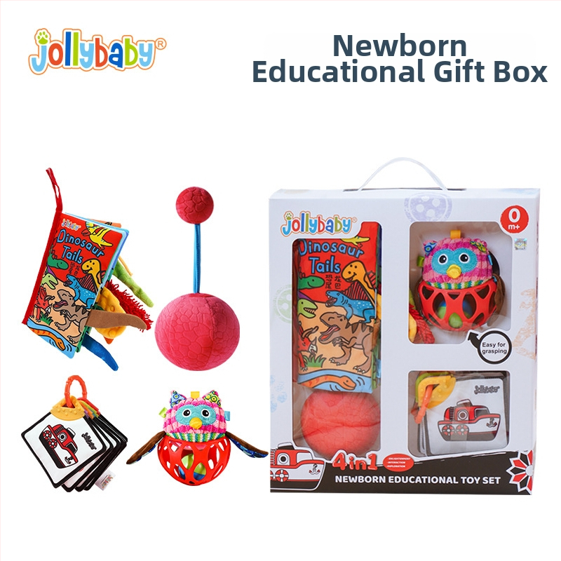 Jollybaby Kūdikio dovanos rinkinys ankstyvajai raidai: audinio knygelė ir barškučiai 0–6 mėnesiams