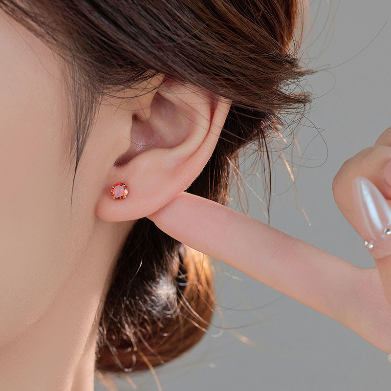 Обeци от сребро 999 с 12 камъка за рожден ден, 4‑лапова настройка, U‑образен геометричен дизайн, универсален стил