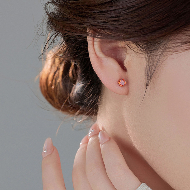 Обeци от сребро 999 с 12 камъка за рожден ден, 4‑лапова настройка, U‑образен геометричен дизайн, универсален стил