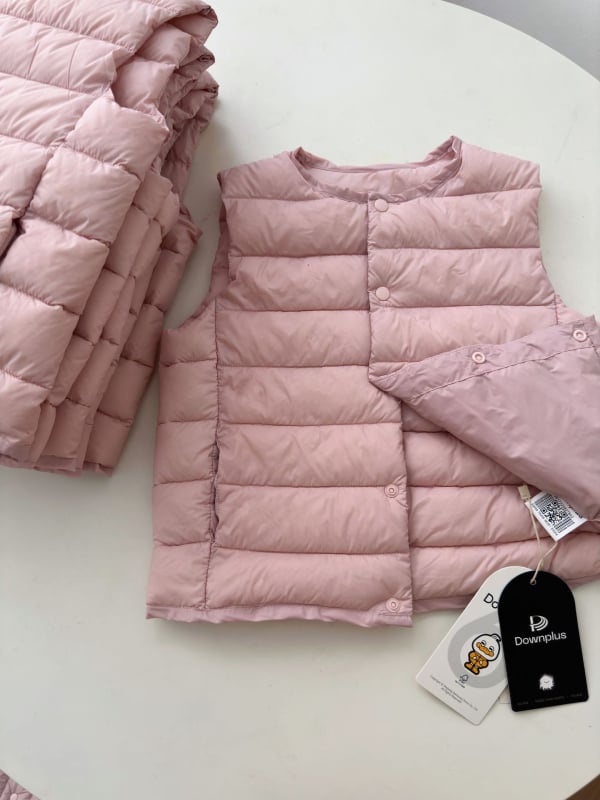 Gyerekeknek szóló tollal mellény, koreai stílus, ujjatlan, 3–8 éveseknek, külső anyag: poliészter, töltet: kacsa toll, bélés: 100% poliészter