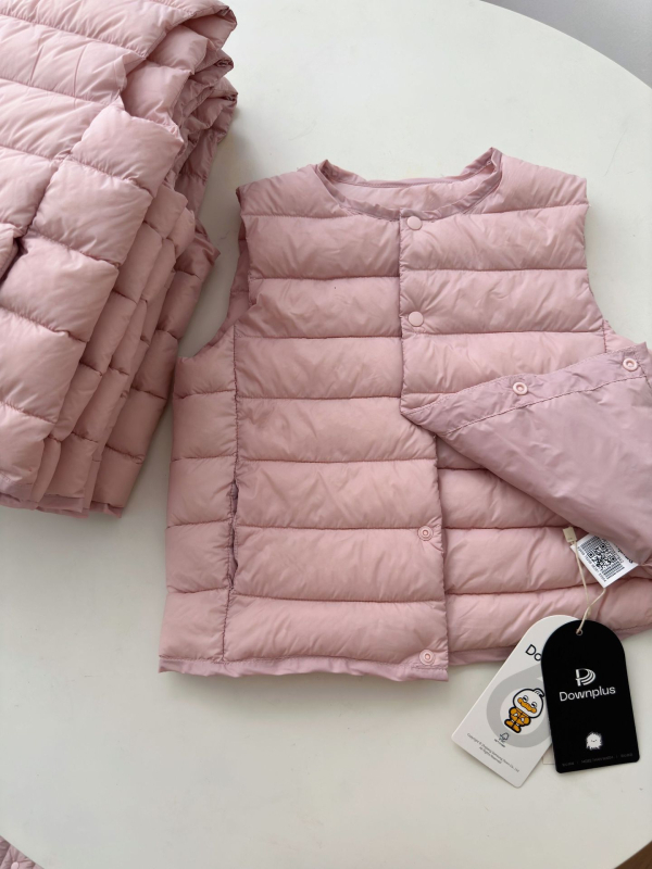 Gyerekeknek szóló tollal mellény, koreai stílus, ujjatlan, 3–8 éveseknek, külső anyag: poliészter, töltet: kacsa toll, bélés: 100% poliészter