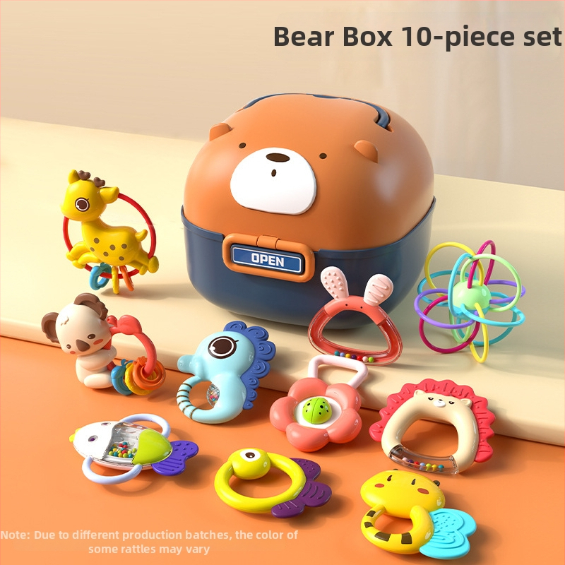 Beebide mänguasjade komplekt: helisev varpel, närimismäng ja hoiukarp; bränd GOODWAY/Ganyu; vanus 0–3 aastat; materjal plastikas; 3C sertifikaat 2021012202403026; 3C kategooria: plastikust mänguasjad kuni 14 aastat