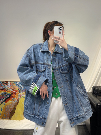 Ženska traper jakna, ležernog kroja, korejski stil, srednja duljina, dugi rukavi, jednoredno zatvaranje, pamuk 71–80% s podstavom od pamuka