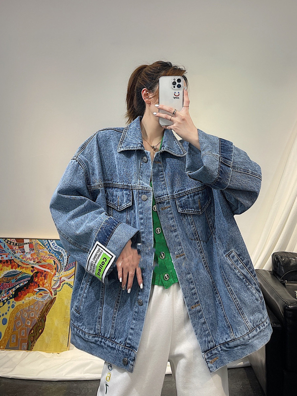 Ženska traper jakna, ležernog kroja, korejski stil, srednja duljina, dugi rukavi, jednoredno zatvaranje, pamuk 71–80% s podstavom od pamuka