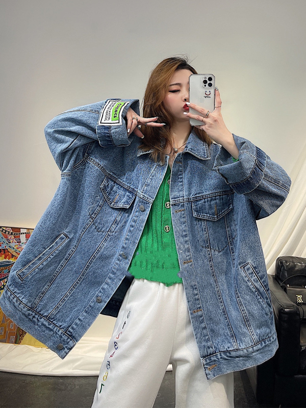 Ženska traper jakna, ležernog kroja, korejski stil, srednja duljina, dugi rukavi, jednoredno zatvaranje, pamuk 71–80% s podstavom od pamuka