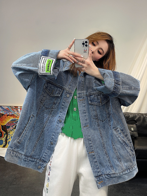 Ženska traper jakna, ležernog kroja, korejski stil, srednja duljina, dugi rukavi, jednoredno zatvaranje, pamuk 71–80% s podstavom od pamuka