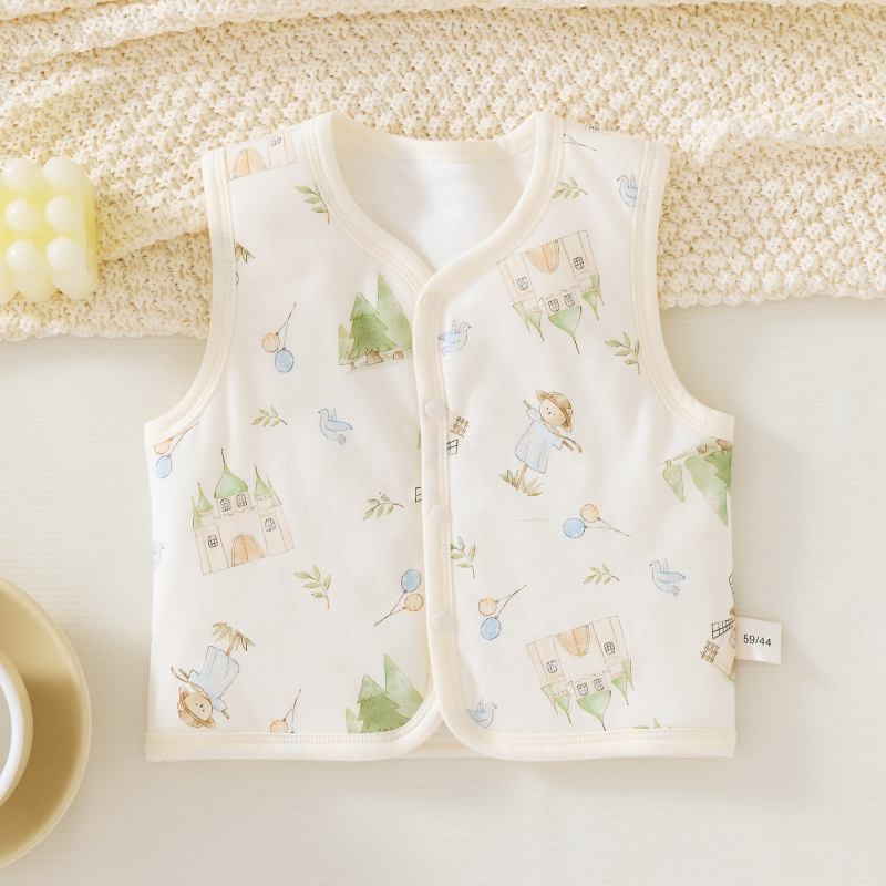 Detská vesta s karikatúrnym vzorom, vonkajší materiál 100% bavlna, podšívka z bavlny, výplň z polyesteru, zapínanie na predné gombíky