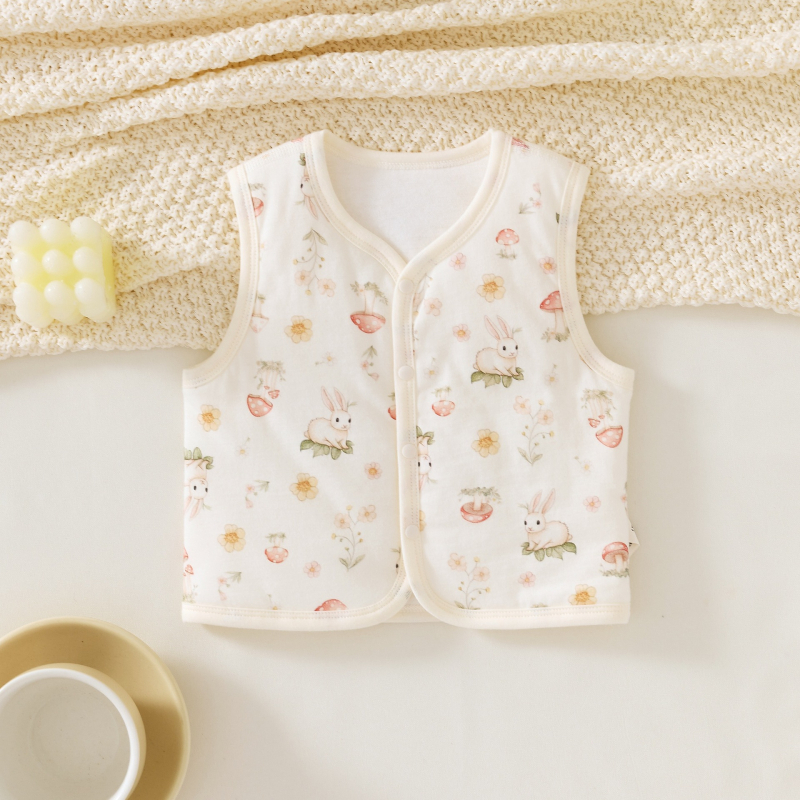 Detská vesta s karikatúrnym vzorom, vonkajší materiál 100% bavlna, podšívka z bavlny, výplň z polyesteru, zapínanie na predné gombíky