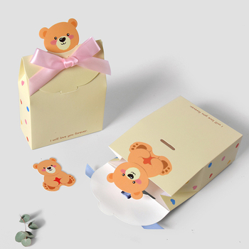 Naujagimio lyties šventei dovanų dėžutė su Korejos stiliaus meškiuko dizainu, kvadratinė sulankstoma kartoninė dėžutė, 300 g balto kartono, Huibang, pardavimo/baigiamojo įpakavimo, 10 vnt pakuotėje