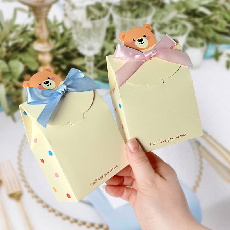 Naujagimio lyties šventei dovanų dėžutė su Korejos stiliaus meškiuko dizainu, kvadratinė sulankstoma kartoninė dėžutė, 300 g balto kartono, Huibang, pardavimo/baigiamojo įpakavimo, 10 vnt pakuotėje