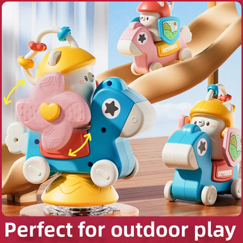 Hariduslik mitmekülgne mänguasi imikutele, kinnituvaga karusel, pöörlev tuuleveski, libisev auto, plastikust konstruktsioon, vanus 0–3 aastat