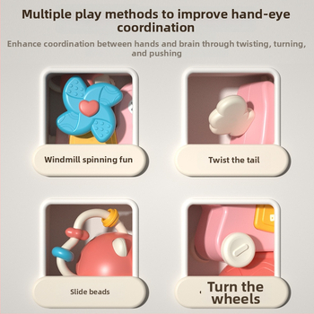 Hariduslik mitmekülgne mänguasi imikutele, kinnituvaga karusel, pöörlev tuuleveski, libisev auto, plastikust konstruktsioon, vanus 0–3 aastat