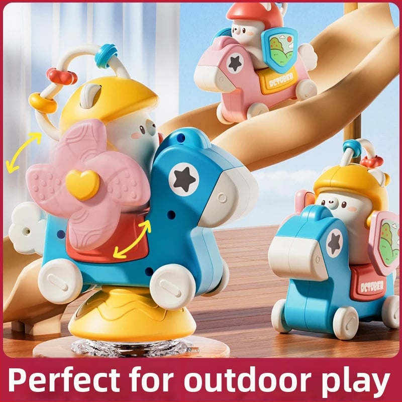 Hariduslik mitmekülgne mänguasi imikutele, kinnituvaga karusel, pöörlev tuuleveski, libisev auto, plastikust konstruktsioon, vanus 0–3 aastat