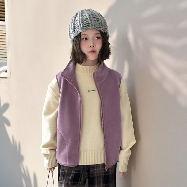 Vesta za djevojčice, debeli zimski fleece, 100% poliester, zatvarač, casual kardigan stil, bez kapulje