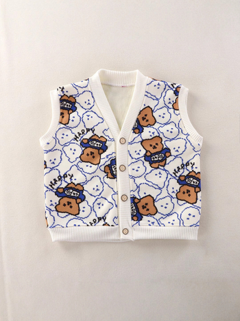 Dječja vesta, unisex, casual cardigan, uzorak s slovima, debeli Pearl Fleece sa poliesterom za podlogu, zatvaranje na jedan red gumba, pogodno za proljeće, jesen i zimu