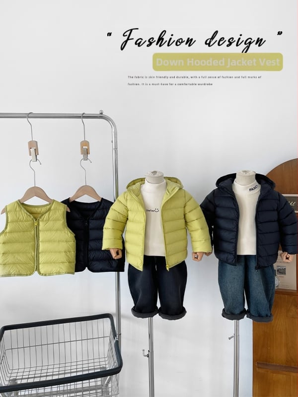 Kisgyerekeknek szóló koreai stílusú téli tollkabát, kacsa toll 86–90%, rövid szabás, laza szabás, nem levehető kapucni