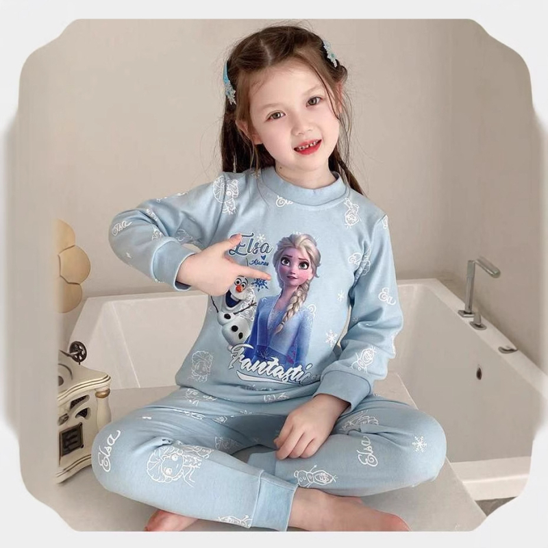Lányoknak szóló őszi pizsama készlet Derong anyagból, 85% poliészter, karikatúra mintával, meleg, 3–8 éveseknek