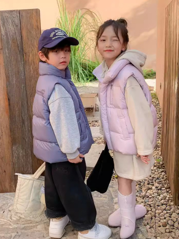 Gyerekeknek szóló pehelymellény, ujjatlan, K-stílus, laza szabás, külső nylon