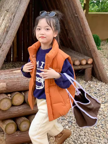 Gyerekeknek szóló pehelymellény, ujjatlan, K-stílus, laza szabás, külső nylon