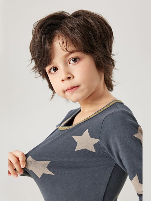 Vaikų medvilninis šiltas pižamų komplektas su apvaliu kaklu, karikatūrų raštas, 95% medvilnė 5% elastanas, amžiaus grupė 3–8 metai