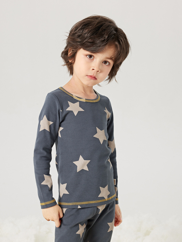 Vaikų medvilninis šiltas pižamų komplektas su apvaliu kaklu, karikatūrų raštas, 95% medvilnė 5% elastanas, amžiaus grupė 3–8 metai