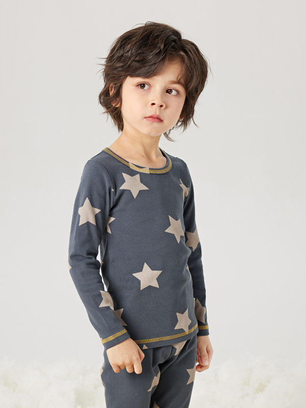 Vaikų medvilninis šiltas pižamų komplektas su apvaliu kaklu, karikatūrų raštas, 95% medvilnė 5% elastanas, amžiaus grupė 3–8 metai