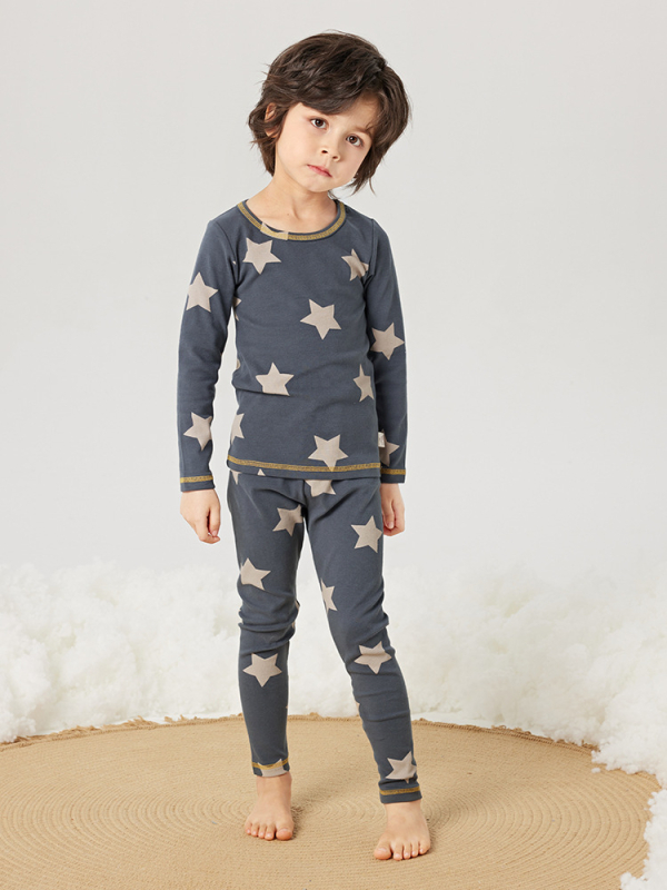 Vaikų medvilninis šiltas pižamų komplektas su apvaliu kaklu, karikatūrų raštas, 95% medvilnė 5% elastanas, amžiaus grupė 3–8 metai