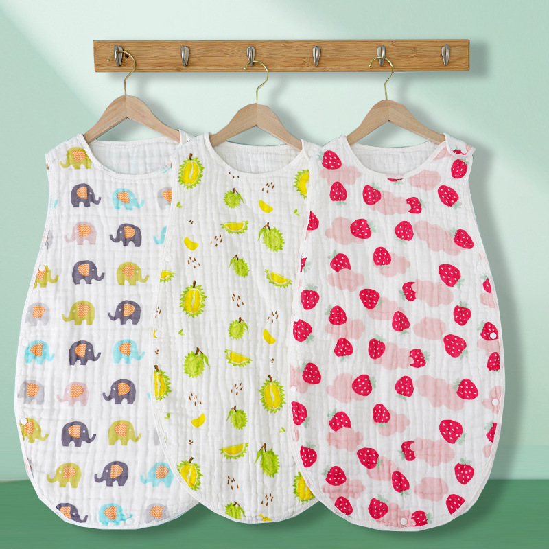 Zīdaiņu guļammaiss vestes stilā, tīrs kokvilnas audums, kokvilnas pildījums, augļu karikatūras dizains