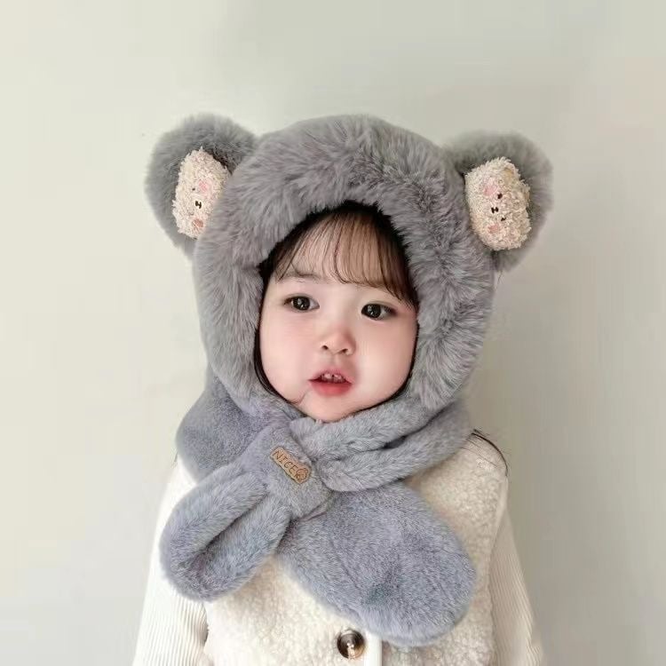 Žieminė vaikų megztinė kepurė su fliso pamušalu, šilta, mielas multfilmo stilius, ausų apsauga, kupolo viršus, be skrybelės borto — amžius 6–12 mėnesių, 1–2 metai, 2–4 metai