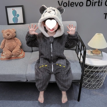 Dječja jedinstvena pidžama-kombinezon za spavanje, crtani stil, kordurojna tkanina s krznom kunića 81–90%, za novorođenčad, zima
