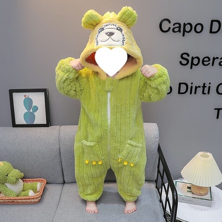 Dječja jedinstvena pidžama-kombinezon za spavanje, crtani stil, kordurojna tkanina s krznom kunića 81–90%, za novorođenčad, zima