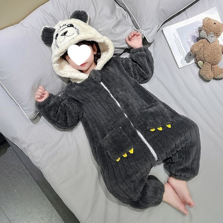 Dječja jedinstvena pidžama-kombinezon za spavanje, crtani stil, kordurojna tkanina s krznom kunića 81–90%, za novorođenčad, zima