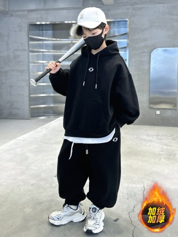 Poiste kaheosaline komplekt fleecevooderdusega, puuvillane materjal, Korea stiil, pikkade varrukatega top ja püksid kevad-sügisperio jaoks