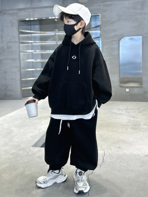 Poiste kaheosaline komplekt fleecevooderdusega, puuvillane materjal, Korea stiil, pikkade varrukatega top ja püksid kevad-sügisperio jaoks