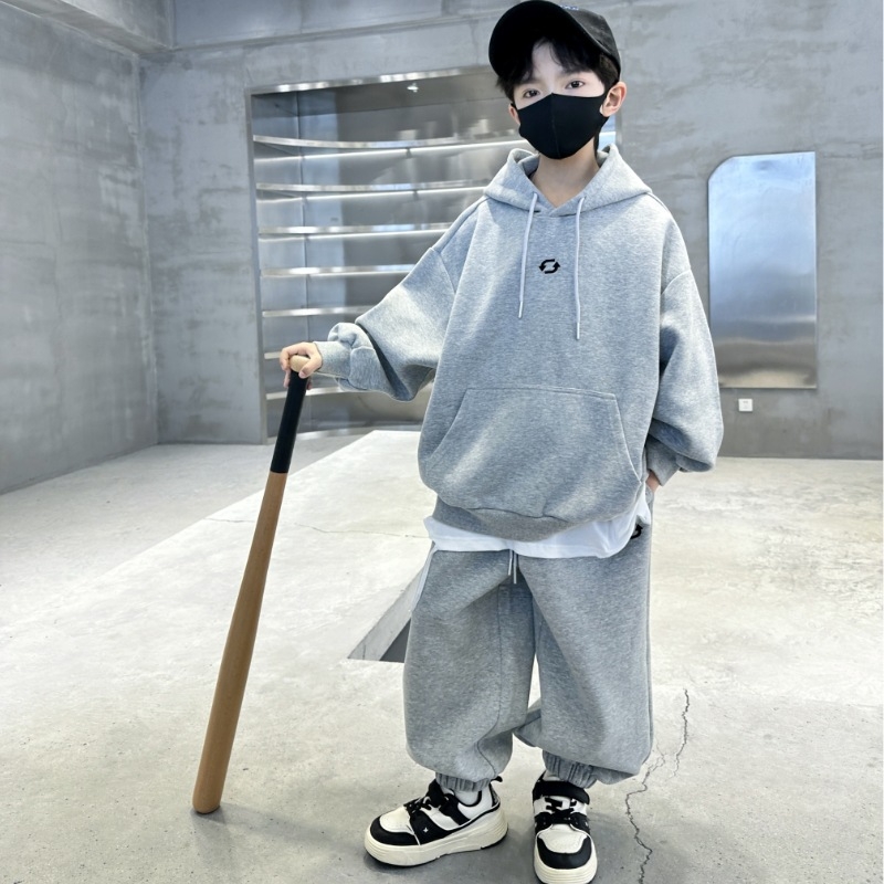 Poiste kaheosaline komplekt fleecevooderdusega, puuvillane materjal, Korea stiil, pikkade varrukatega top ja püksid kevad-sügisperio jaoks