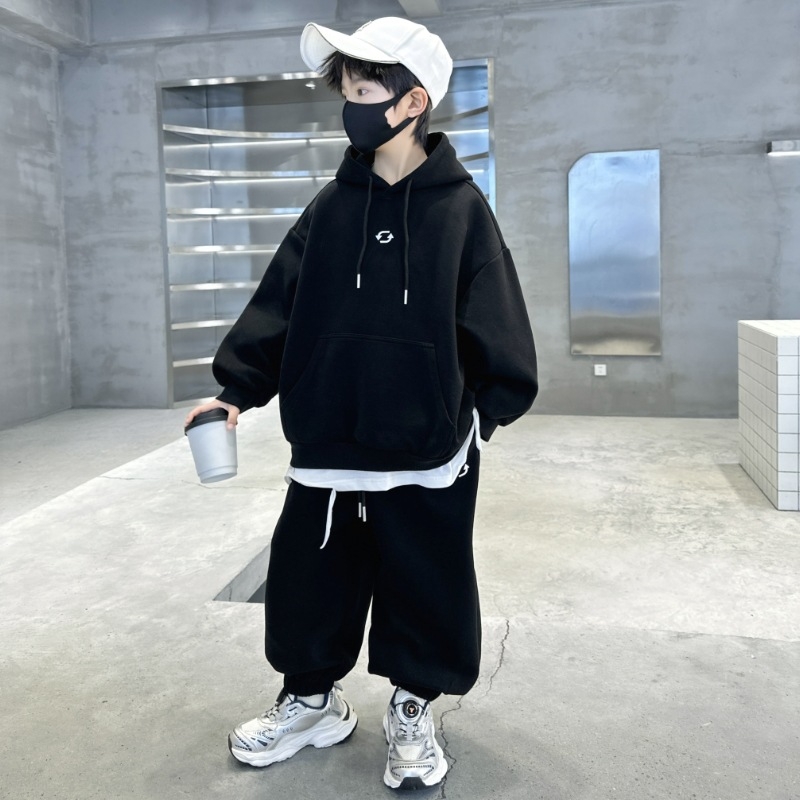 Poiste kaheosaline komplekt fleecevooderdusega, puuvillane materjal, Korea stiil, pikkade varrukatega top ja püksid kevad-sügisperio jaoks