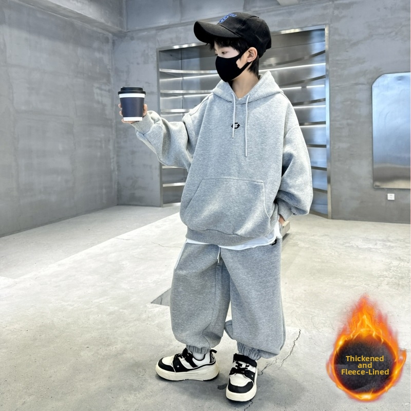 Poiste kaheosaline komplekt fleecevooderdusega, puuvillane materjal, Korea stiil, pikkade varrukatega top ja püksid kevad-sügisperio jaoks