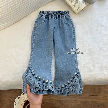 Tüdrukutele denim püksid flared lõikega, keskmise kõrgusega vöökoht, puuvillane denimpüks, kitsas lõige, 3-8-aastastele, kevad-sügis