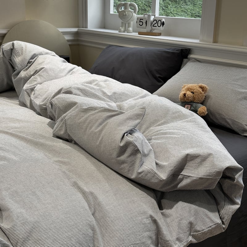 Išplauta medvilninė patalynė, keturių dalių komplektas, dryžių ir languoto rašto modelis, reaktyvinis dažymas