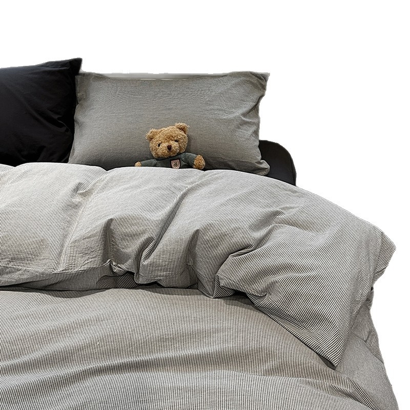 Išplauta medvilninė patalynė, keturių dalių komplektas, dryžių ir languoto rašto modelis, reaktyvinis dažymas